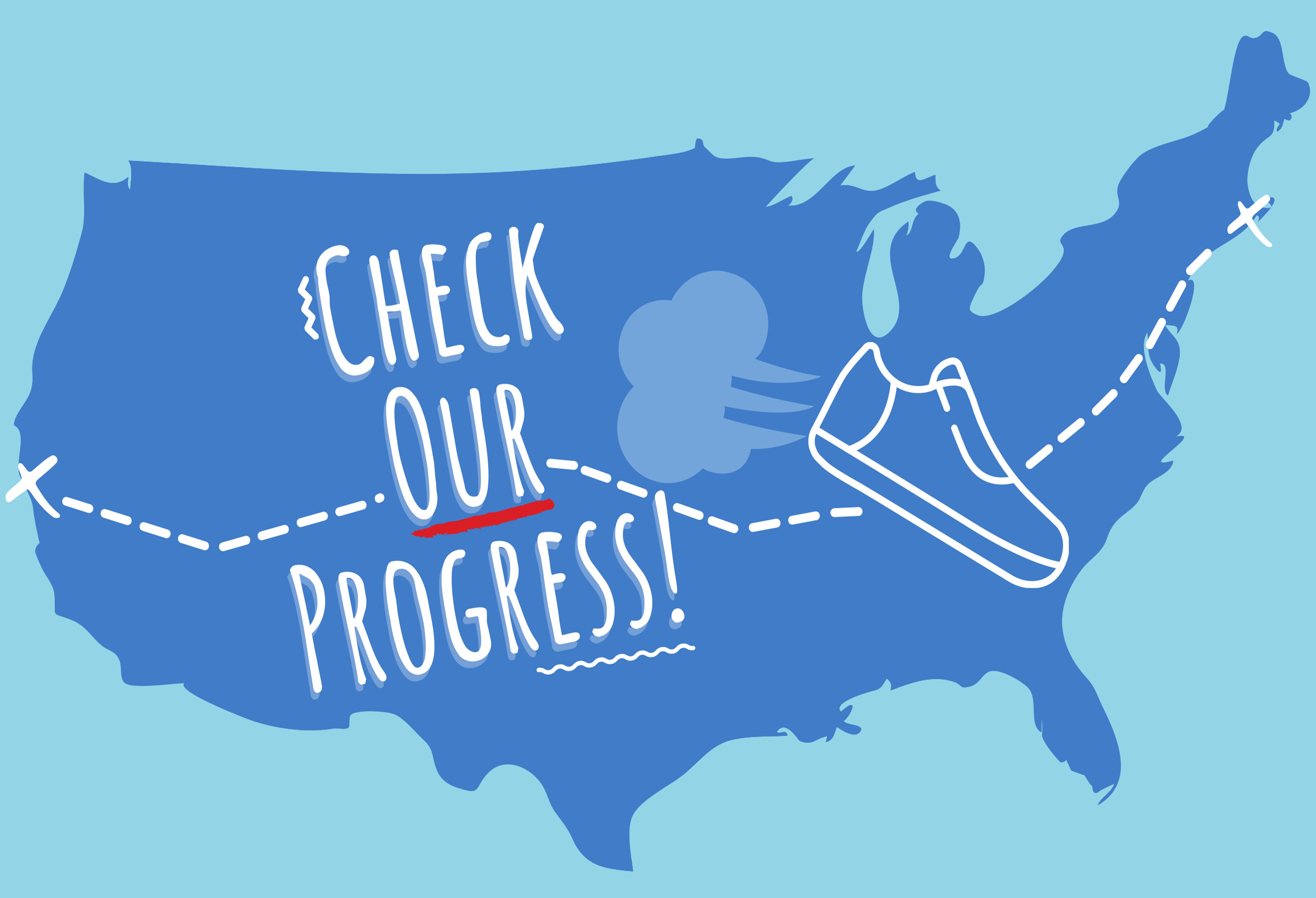 A blue map of the United States on a light blue background. There is a dashed white line between San Francisco and Boston and each city is marked with a white x. The text "Check our Progress" appears in the middle of the map with white and red highlights. The white outline of a running shoe appears to the right of the text angled toward Bosotn. There is a light blue puff of smoke coming out of the back of the shoew. 