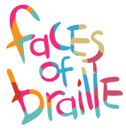 Faces of braille text with colorful letters in pink, red, orange and blue