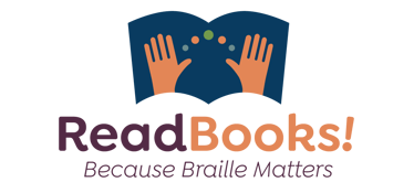 Readbooks_logo, hands on an open book with bright and colorful ReadBooks! Because Braille Matters text